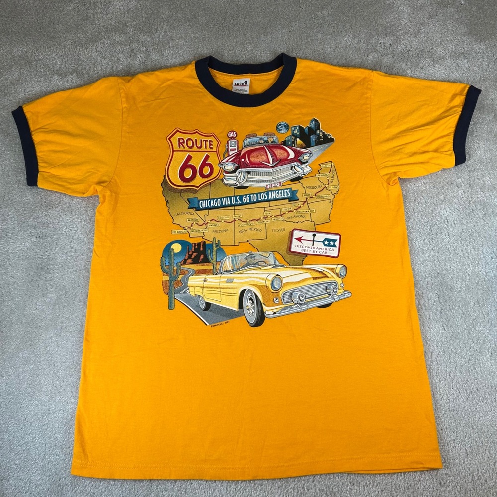 Anvil Route 66 Graphic Ringer T-Shirt Men's Large Yellow Classic Cars Americana
